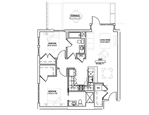 Floor plan for 2 beds, 2 baths, 912 sqft